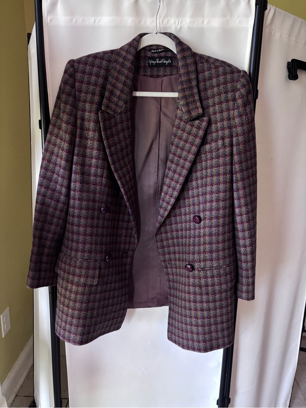 Vintage Giorgio Sant Angelo Wool Women's Plum Plaid Double-Breasted Blazer